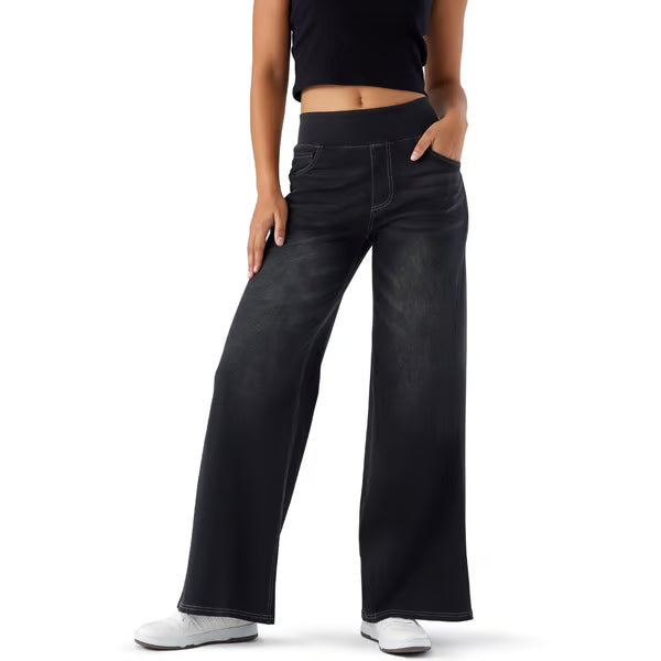 Women's High-Waisted Washed Baggy Wide-Leg Stretchy Knit Jeans with Multiple Pockets